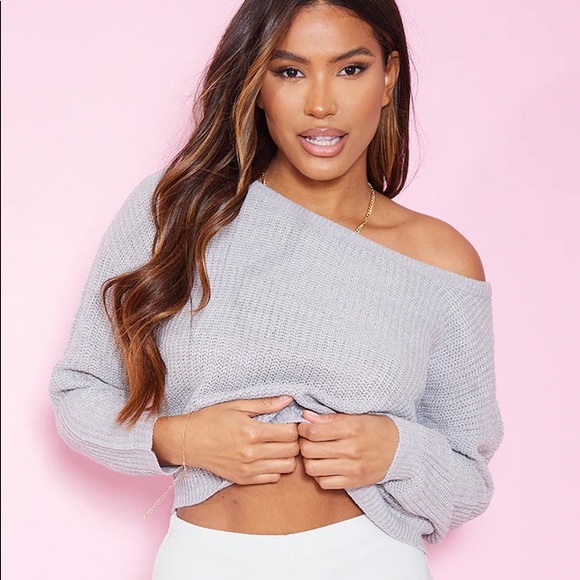 Prettylittlething Sweaters | Grey Off The Shoulder Knitted Sweater | Color: Gray | Size: S | Stephanieeerod's Closet